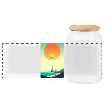 Sunset Tower Over Coastal City - Panoramic Cookie Jar with Wooden Lid - white - Front