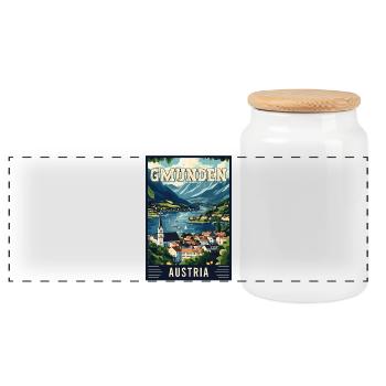 Discover Lakeside Beauty of Gmunden in Austria - Panoramic Cookie Jar with Wooden Lid - white - Front