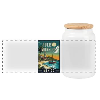 Explore Coastal Charm Puerto Morelos Mexico - Panoramic Cookie Jar with Wooden Lid - white - Front