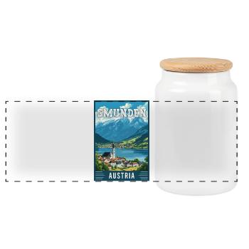 Explore the Lakeside Beauty of Gmunden in Austria - Panoramic Cookie Jar with Wooden Lid - white - Front