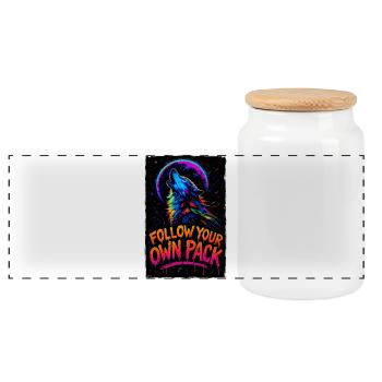 Alpha Wolf Multicolor Design Follow Your Own Pack - Panoramic Cookie Jar with Wooden Lid - white - Front