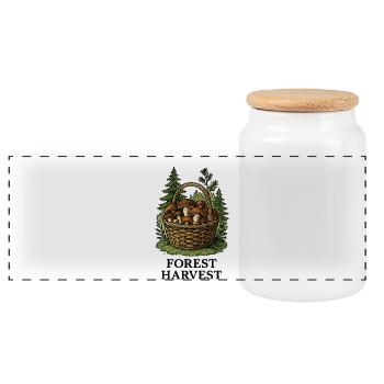 Forest mushroom basket harvest in the forest - Panoramic Cookie Jar with Wooden Lid - white - Front