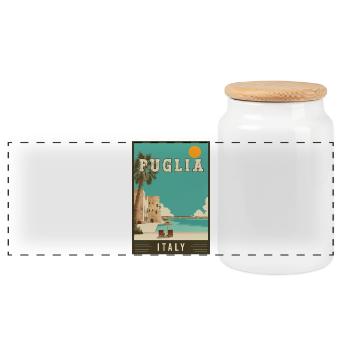 Explore Southern Charm of Puglia in Italy - Panoramic Cookie Jar with Wooden Lid - white - Front