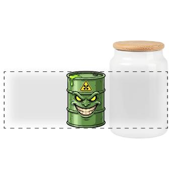 Grüne Barrel mit grimmigem Grinsen - Panorama Keksdose mit Holzdeckel - Weiß - Vorne