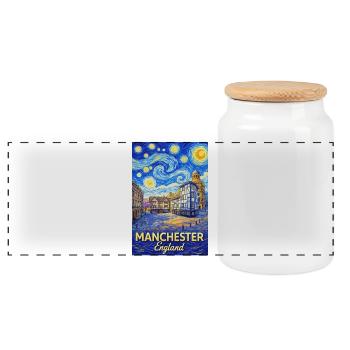 Manchester England Cloud Swirl Skyline - Panoramic Cookie Jar with Wooden Lid - white - Front