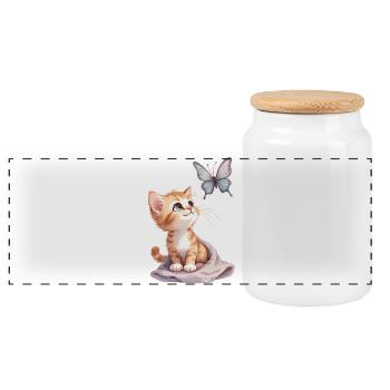 Kawaii Curious Kitten and Butterfly 🐱🦋 - Panoramic Cookie Jar with Wooden Lid - white - Front