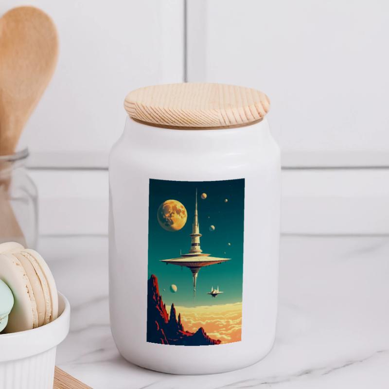Cities Begin to Float Above the Clouds future Panoramic Cookie Jar with Wooden Lid