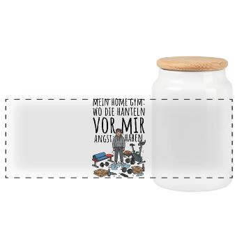 Schwitzendes Fitness-Comic-Design - Panorama Keksdose mit Holzdeckel - Weiß - Vorne
