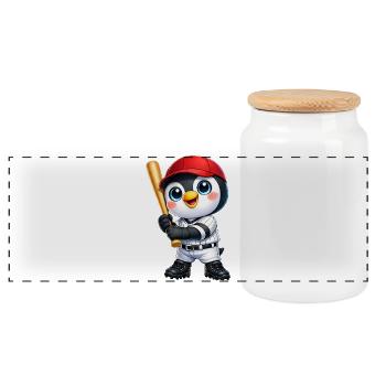 Cute Penguin Baseball Cartoon Motif - Panoramic Cookie Jar with Wooden Lid - white - Front