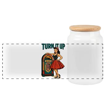 Rockabilly Pin-Up: Retro Jukebox Turn It Up - Panorama Keksdose mit Holzdeckel - Weiß - Vorne