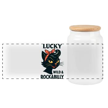 Lucky, Wild & Rockabilly: Schwarze Retro Katze - Panorama Keksdose mit Holzdeckel - Weiß - Vorne