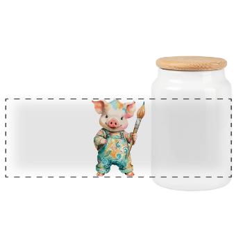 Colorful Pig with Brush - Panoramic Cookie Jar with Wooden Lid - white - Front
