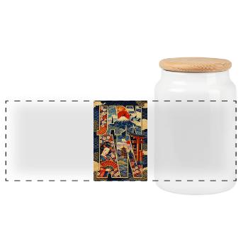 Japan: Geisha, Fuji and Waves in Letters - Panoramic Cookie Jar with Wooden Lid - white - Front