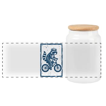 Waschbär auf Fahrrad blauer Linoldruck - Panorama Keksdose mit Holzdeckel - Weiß - Vorne
