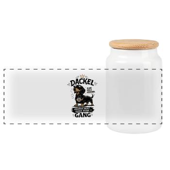 Dackel Shirt – Klein. Frech. Legendär. - Panorama Keksdose mit Holzdeckel - Weiß - Vorne