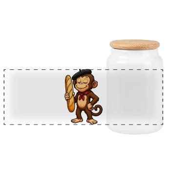 Baguette monkey with beret - Panoramic Cookie Jar with Wooden Lid - white - Front