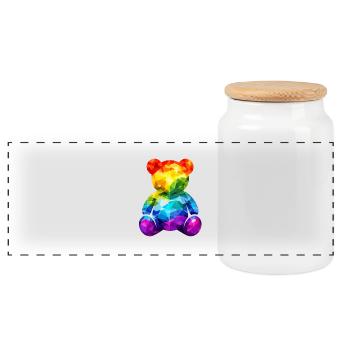 Regenbogen-Teddybär im geometrischen Muster - Panorama Keksdose mit Holzdeckel - Weiß - Vorne