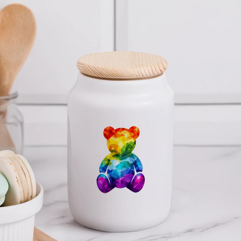 Rainbow teddy bear in geometric pattern Panoramic Cookie Jar with Wooden Lid