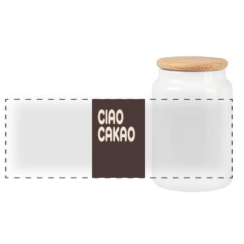 Ciao Cacao Typografie auf Braun - Panorama Keksdose mit Holzdeckel - Weiß - Vorne