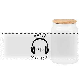 Music is my escape - Kopfhörer & Soundwave - Panorama Keksdose mit Holzdeckel - Weiß - Vorne