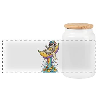 Checker Katze auf Banane im Regenbogen Fun Brunnen - Panorama Keksdose mit Holzdeckel - Weiß - Vorne