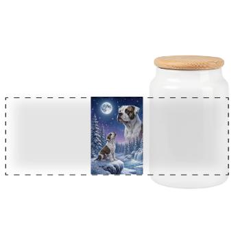 Howling to the Moon American Bulldog - Panoramic Cookie Jar with Wooden Lid - white - Front