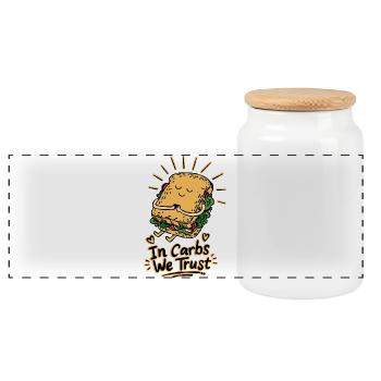 Bei Kohlenhydraten vertrauen wir Sandwich Doodle - Panorama Keksdose mit Holzdeckel - Weiß - Vorne