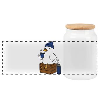Möwe im Winterstil Kaffeepause - Panorama Keksdose mit Holzdeckel - Weiß - Vorne