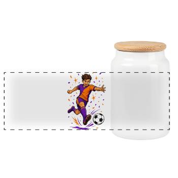 Soccer Goal Shot Player Cartoon - Panoramic Cookie Jar with Wooden Lid - white - Front