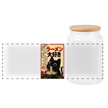Ramen Cat Vintage Poster - Panoramic Cookie Jar with Wooden Lid - white - Front