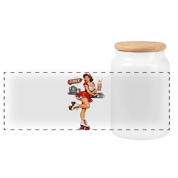 Retro Pin-Up Girl in 50s Diner with Milkshake - Panoramic Cookie Jar with Wooden Lid - white - Front