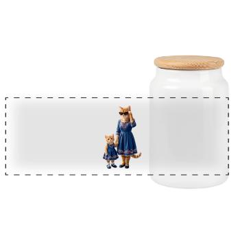 Minettes Story – Ginger Cat Mom & Kitten - Panoramic Cookie Jar with Wooden Lid - white - Front