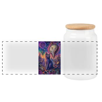 Cosmic Cat and Melting Clocks - Panoramic Cookie Jar with Wooden Lid - white - Front