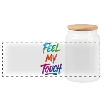 Feel My Touch Texte Coloré Peinture Imprimé - Boîte à biscuits avec couvercle en bois - blanc - Devant