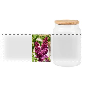 Blooming lilac in spring garden - Panoramic Cookie Jar with Wooden Lid - white - Front