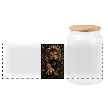 Fractal Golden Lion Embossed - Panoramic Cookie Jar with Wooden Lid - white - Front