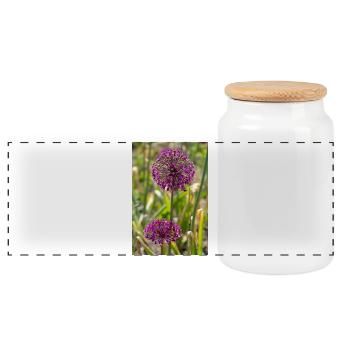 Ornamental leeks in purple: spherical blossoms - Panoramic Cookie Jar with Wooden Lid - white - Front