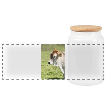 Cow in sunny pasture green - Panoramic Cookie Jar with Wooden Lid - white - Front