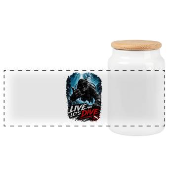 Live and Let's Dive – Scuba Diver Shaka | Diving - Panoramic Cookie Jar with Wooden Lid - white - Front