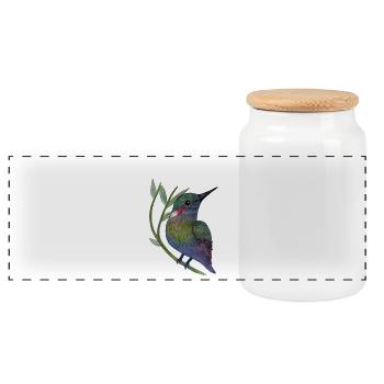 Colorful hummingbird on leaf branch - Panoramic Cookie Jar with Wooden Lid - white - Front
