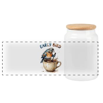 Early Bird Tired Grumpy Coffee Bird Cartoon Art - Panorama Keksdose mit Holzdeckel - Weiß - Vorne
