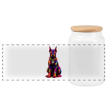 Bunter Neonhund mit Diamant - Panorama Keksdose mit Holzdeckel - Weiß - Vorne