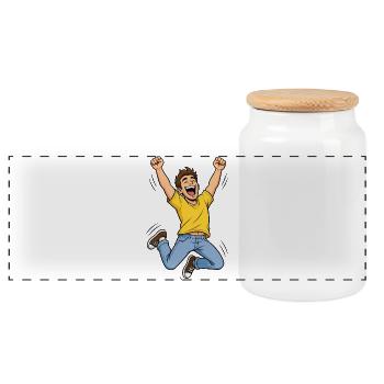Jubilant Man in the Jump – Comic Winner Success - Panoramic Cookie Jar with Wooden Lid - white - Front