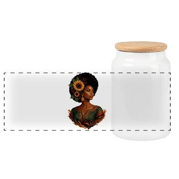 Afro Woman Sunflower Crown - Panoramic Cookie Jar with Wooden Lid - white - Front