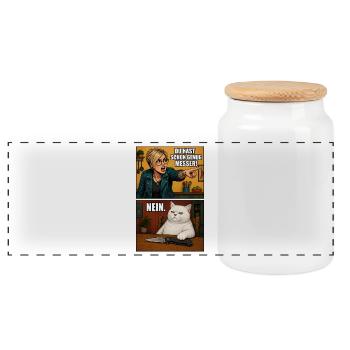 Küchenkonfrontation: Mutige Chefin vs Katze - Panorama Keksdose mit Holzdeckel - Weiß - Vorne