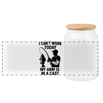Funny Angler Saying: My Arm Is in a Cast - Panoramic Cookie Jar with Wooden Lid - white - Front