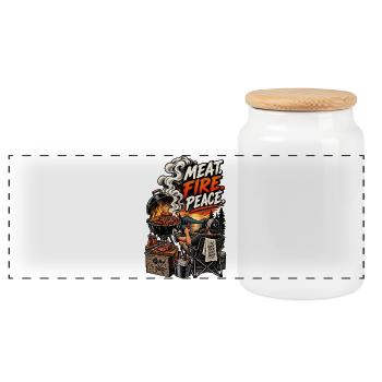 Meat, Fire, Peace, BBQ - Panoramic Cookie Jar with Wooden Lid - white - Front