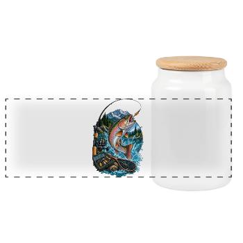 Rainbow fish jump at the mountain lake - Panoramic Cookie Jar with Wooden Lid - white - Front