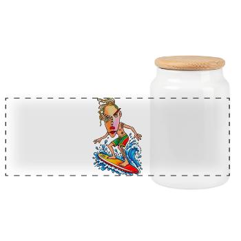 Surfer Cartoon Wave Hero - Panoramic Cookie Jar with Wooden Lid - white - Front