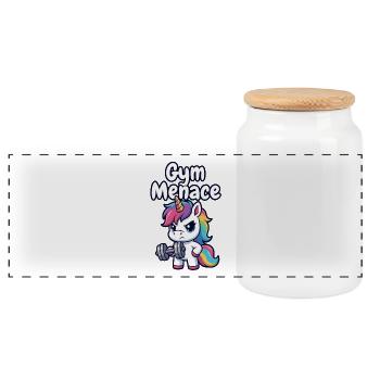 Gym Menace Unicorn Lifter - Panoramic Cookie Jar with Wooden Lid - white - Front